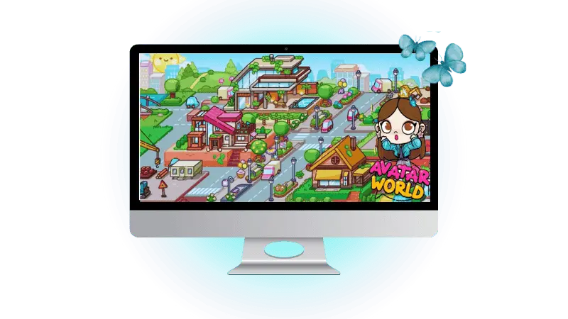 For PC 2 Avatar World APK for PC showing city view and game interface on laptop screen