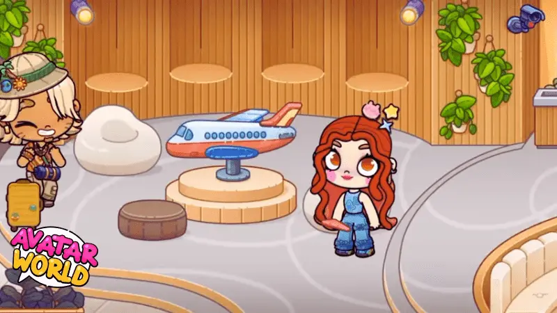 avatar taking a picture in front of an airplane