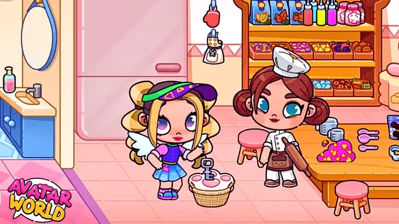 Download Avatar World Mod APK Create, Explore & Customize Freely 13 In Avatar World APK city life, an avatar works in a cute bakery shop filled with cakes, pastries, and sweets