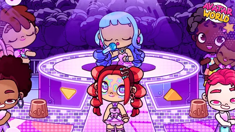 Download Avatar World Mod APK Create, Explore & Customize Freely 14 Avatars performing live in a music concert inside Avatar World APK, with bright lights, instruments, and cheering fans enjoying the city life vibe