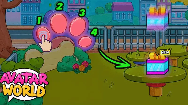 Secret Codes 3 Avatar World city life apk secret gift hidden under paw in garden.