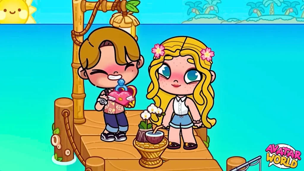 Download Avatar World Mod APK Create, Explore & Customize Freely 9 A boy avatar proposing to a girl avatar on a sunny beach in Pazu Avatar World, showing a sweet romantic moment