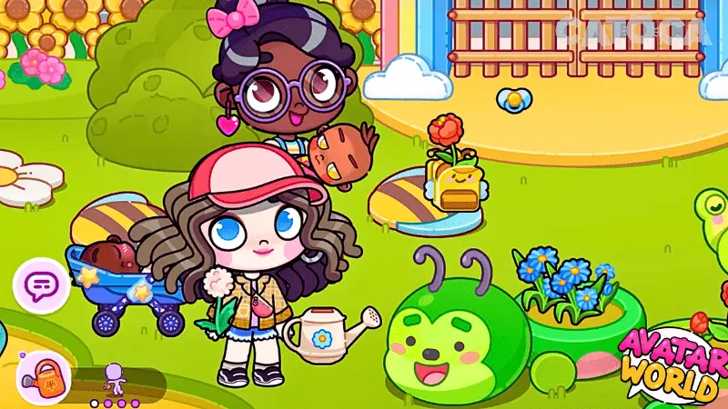 Download Avatar World Mod APK Create, Explore & Customize Freely 11 Pazu Avatar World character gardening and watering plants in a sunny backyard scene