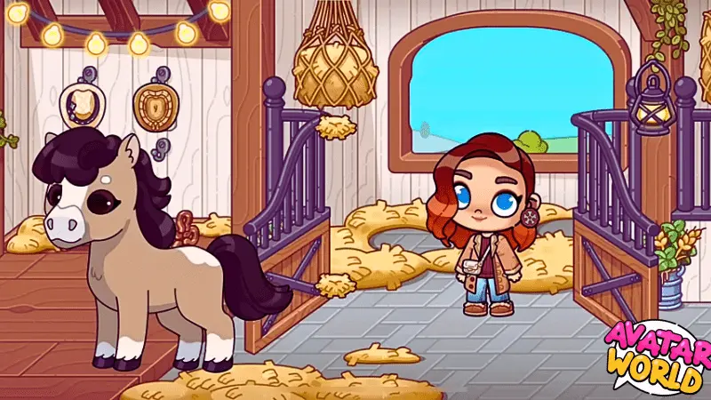Download Avatar World Mod APK Create, Explore & Customize Freely 3 Avatar standing near a horse in Avatar World MOD APK, showing a cozy horse house scene