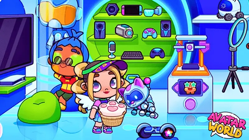 Download Avatar World Mod APK Create, Explore & Customize Freely 6 An avatar enjoying music and recording in the Avatar World studio filled with instruments