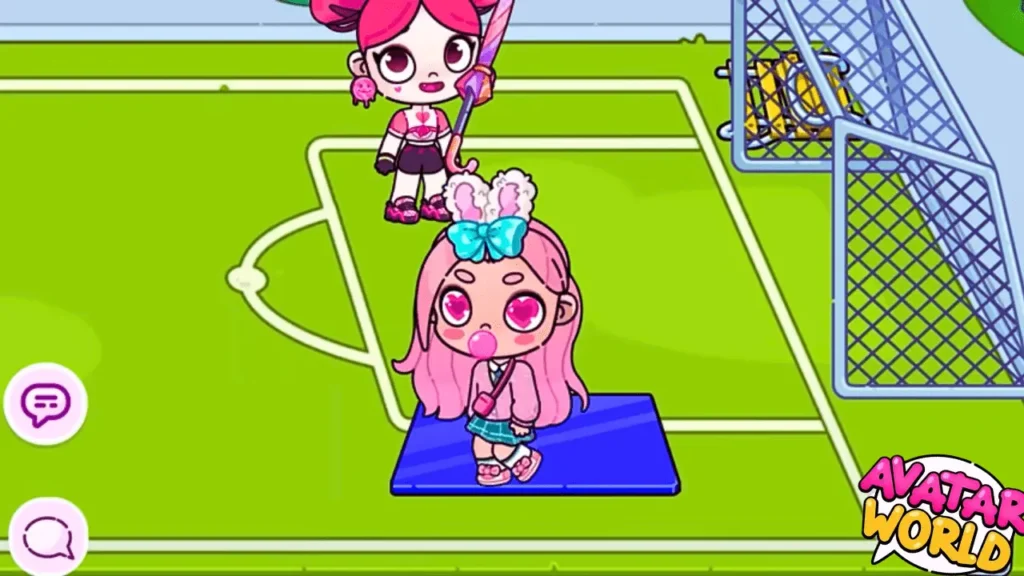 Download Avatar World Mod APK Create, Explore & Customize Freely 7 avatars' playing hockey on the game ground in Pazu Avatar World, showing an active sports scene