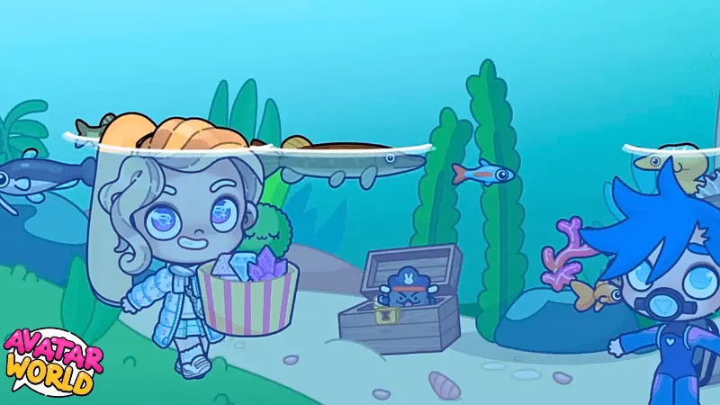 Download Avatar World Mod APK Create, Explore & Customize Freely 12 an avatar swims underwater to collect shiny pearls and diamonds during a fun ocean adventure in city life APK