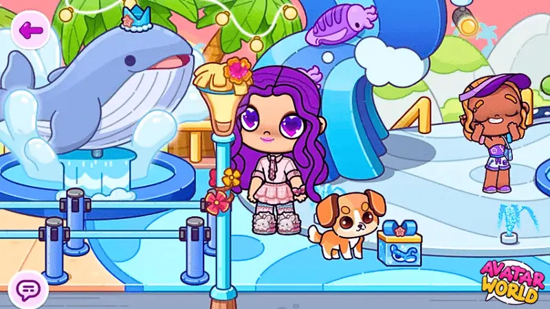 Download Avatar World Mod APK Create, Explore & Customize Freely 16 avatar swims in a bright pool with a whale and colorful fishes, unlocking all fun rewards and gift boxes in Avatar World city life adventure